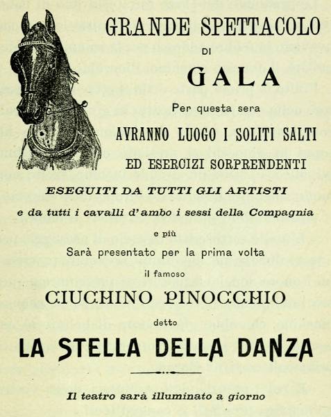 GRANDE SPETTACOLO DI GALA - Per questa sera AVRANNO LUOGO I SOLITI SALTI ED ESERCIZI SORPRENDENTI ESEGUITI DA TUTTI GLI ARTISTI e da tutti i cavalli d'ambo i sessi della Compagnia e più - Sarà presentato per la prima volta il famoso CIUCHINO PINOCCHIO detto LA STELLA DELLA DANZA - Il teatro sarà illuminato a giorno