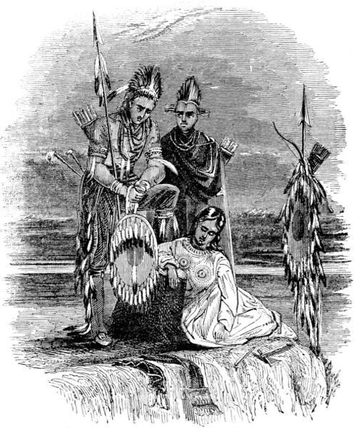 According to the text, this
sketch represents two warriors, and a woman of the Sacs and Foxes, mourning over
the tomb of Black Hawk, the celebrated leader of the war known as the Black Hawk War.