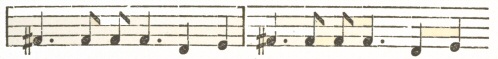 Music score: F# dotted crotchet, F# quaver, F# quaver, F# dotted
crotchet, D crotchet, E crotchet.  This bar is then repeated once
more