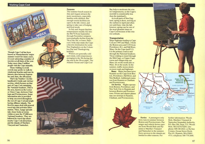 (Postcard with “Greetings from Cape Cod”.
  Woman sitting on a sunny beach. Portrait of a bus driver.
  Artist painting a Cape Cod scene. Red maple leaf.
  Map of major highways into and on the Cape.)