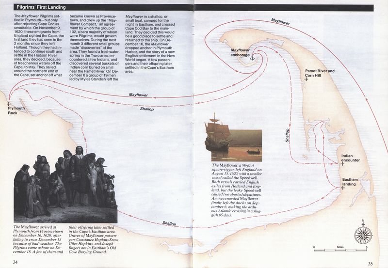 (Map showing path of the Mayflower and its shallop.
  The Mayflower.
  The Pilgrims come ashore.)