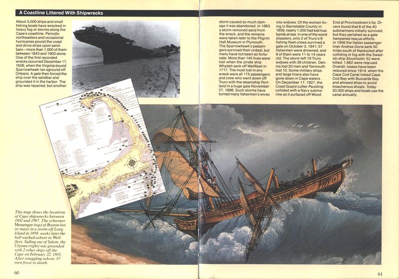 (Locations of Cape shipwrecks.
  The schooner “Messenger” grounded in Wellfleet.
  The fishing boat “Ulysses” in rough seas.)