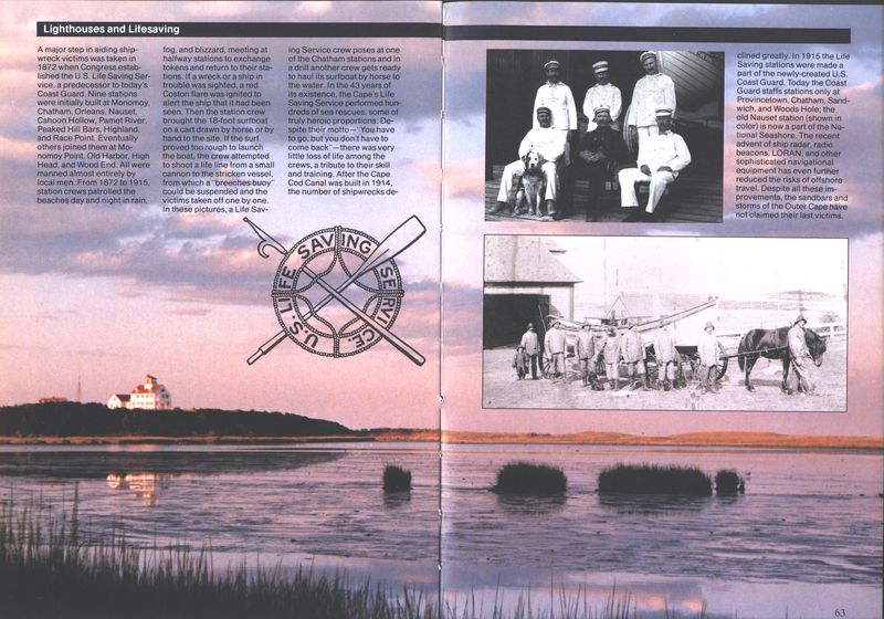 (Crew at the Chatham station.
  Hauling the boat by horse to the water.
  Logo of U.S. Life Saving Service. View of a station.)