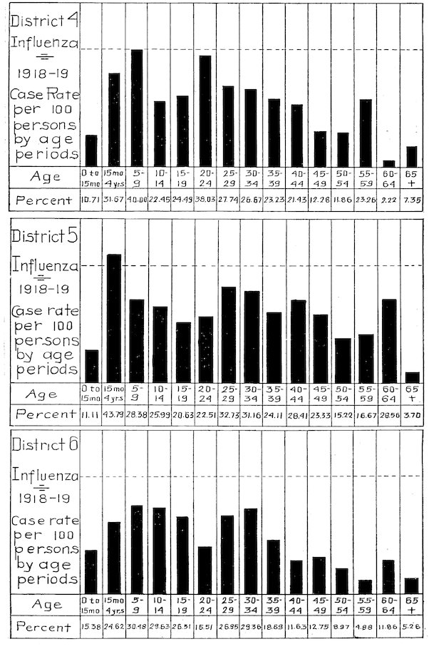 District 4 Influenza 1918–19 Case Rate per 100 persons by age periods<br>District 5 Influenza 1918–19 Case Rate per 100 persons by age periods<br>District 6 Influenza 1918–19 Case Rate per 100 persons by age periods