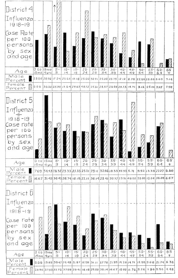 District 4 Influenza 1918–19 Case Rate per 100 persons by sex and age<br>District 5 Influenza 1918–19 Case Rate per 100 persons by sex and age<br>District 6 Influenza 1918–19 Case Rate per 100 persons by sex and age