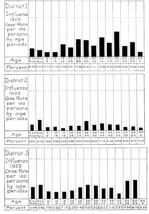 District 1 Influenza 1920 Case Rate per 100 persons by age periods<br>District 2 Influenza 1920 Case Rate per 100 persons by age periods<br>District 3 Influenza 1920 Case Rate per 100 persons by age periods