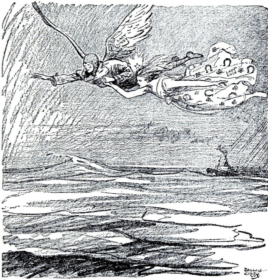 Drawing of “Lady Lindy” (Earhart) with angel wings flying
            over ocean and holding hands with “Lady Luck”